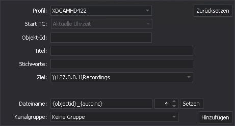 Schnellmenü für Ingest-Auftragseinstellungen