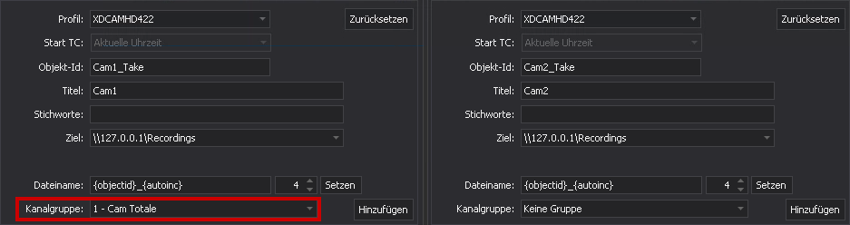 Schnellmenü für Ingest-Auftragseinstellungen