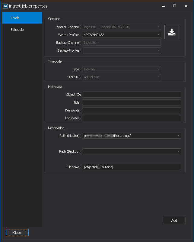Ingest job properties window